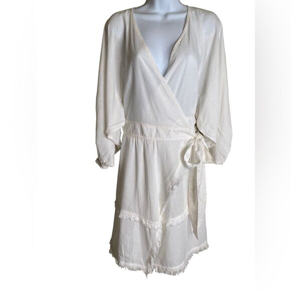 Milla Gauzy SZ Small Semi Sheer Cotton Wrap White Dress Smock Sleeve Frayed Hem - Picture 3 of 8